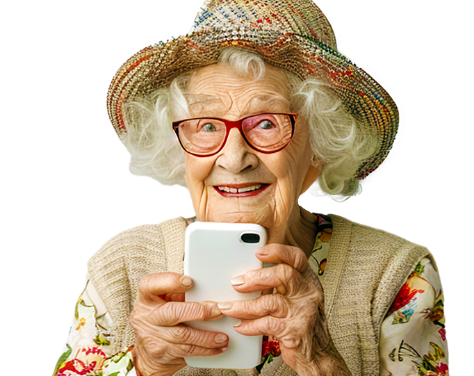Lone older woman holding a cell phone and smiling during an in-home senior care moment in Salt Lake County.