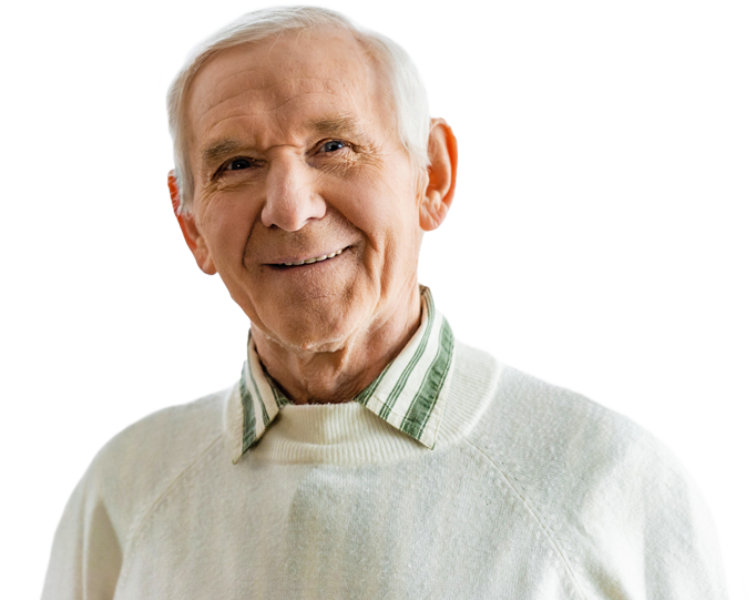 Smiling older man wearing a sweater and collared shirt