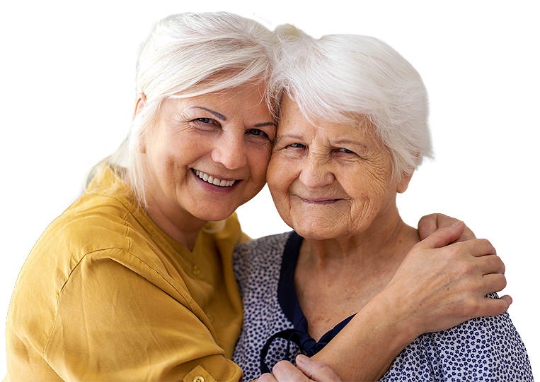 Smiling older woman and adult woman embracing